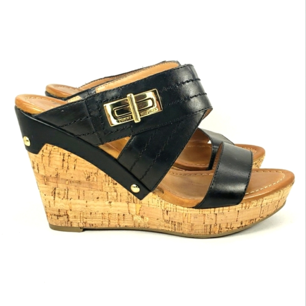 Tommy Hilfiger Black and Tan Sandals with Cork Wedge